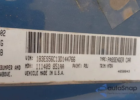 2003 Dodge Neon Sxt from USA, damaged, VIN 1B3ES56C13D144766